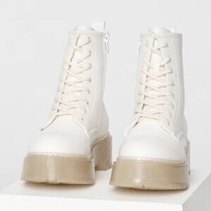 Betty BETTOSSS1 Womens White Platform Combat Ankle Boots Lace-Up Side Zip 8